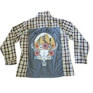 Pie In The Sky Flannel Shirt Women Large Yellow Gray Grunge Wild & Free Graphic